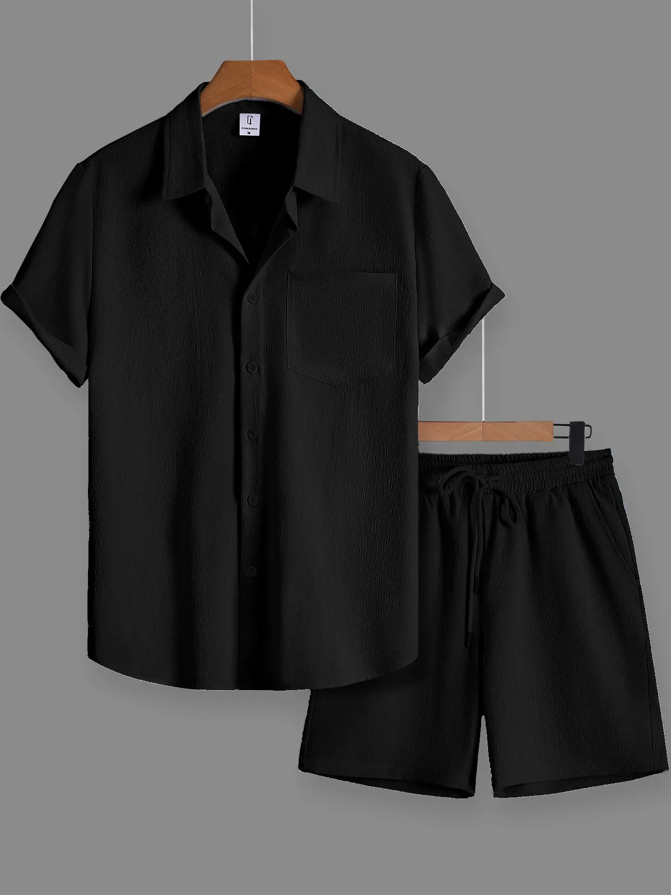 Men's 2 Piece Outfit Waffle Short Sleeve Button Down Shirt & Shorts Set with Chest Pocket Summer Casual Beach Vacation Style Apricot Loose Fit Elastic Waist Daily Wear Streetwear (White Tee Not Included)