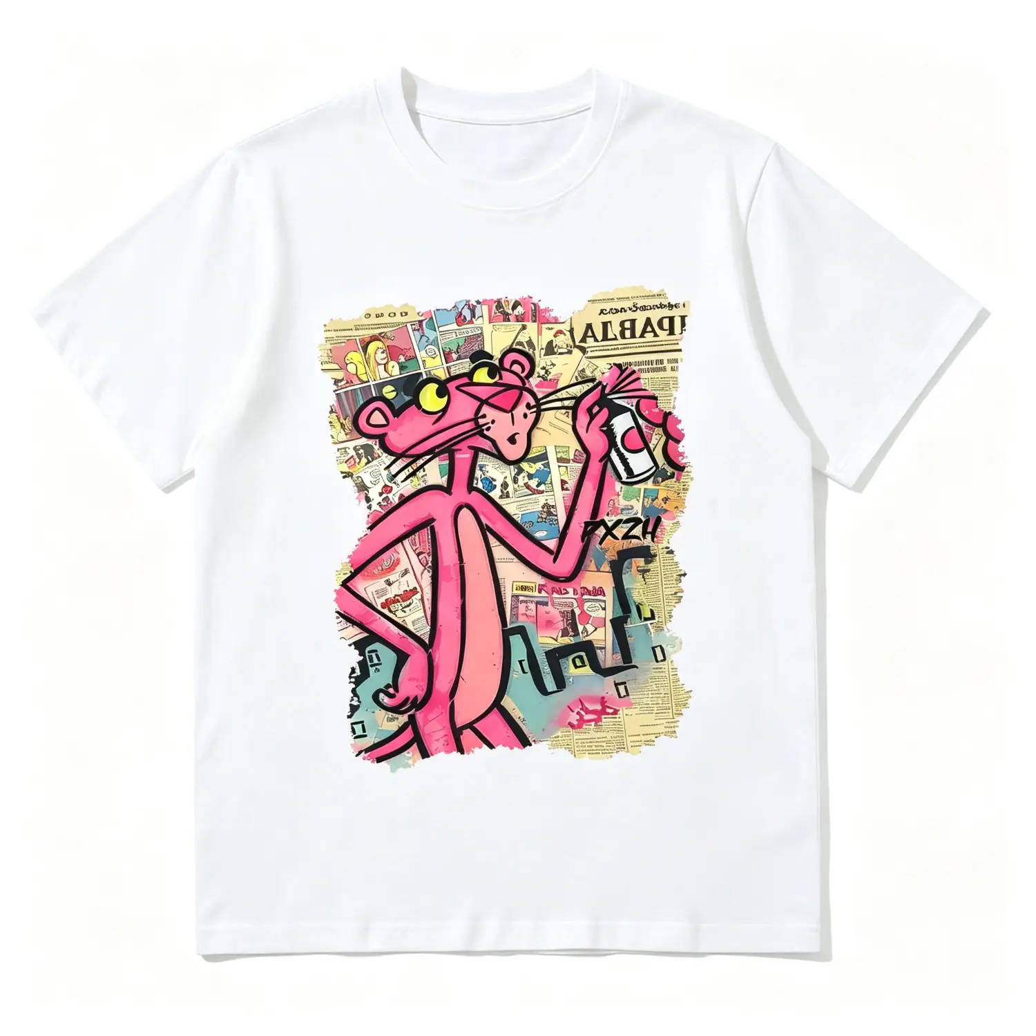 100% Cotton Retro Pink Panther T-Shirt, Graffiti Spray Paint Comic Street Graphic Tee, Unisex Soft Comfort Fit, Vintage 90s Cartoon Streetwear Gift, Trendy Casual Tee, Multi Colors