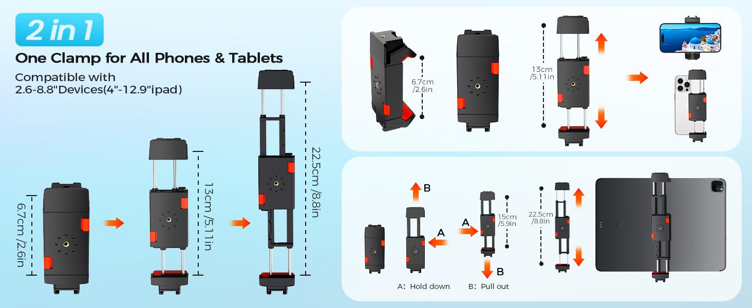 iPhone iPad Tripod Stand, 67" Phone Tripod for iPad Tablet Camera with 2 in1 Holder Remote Carry Bag, Aluminum Extendable iPhone Stand for Video Recording/Selfies/Live Stream/Vlogging