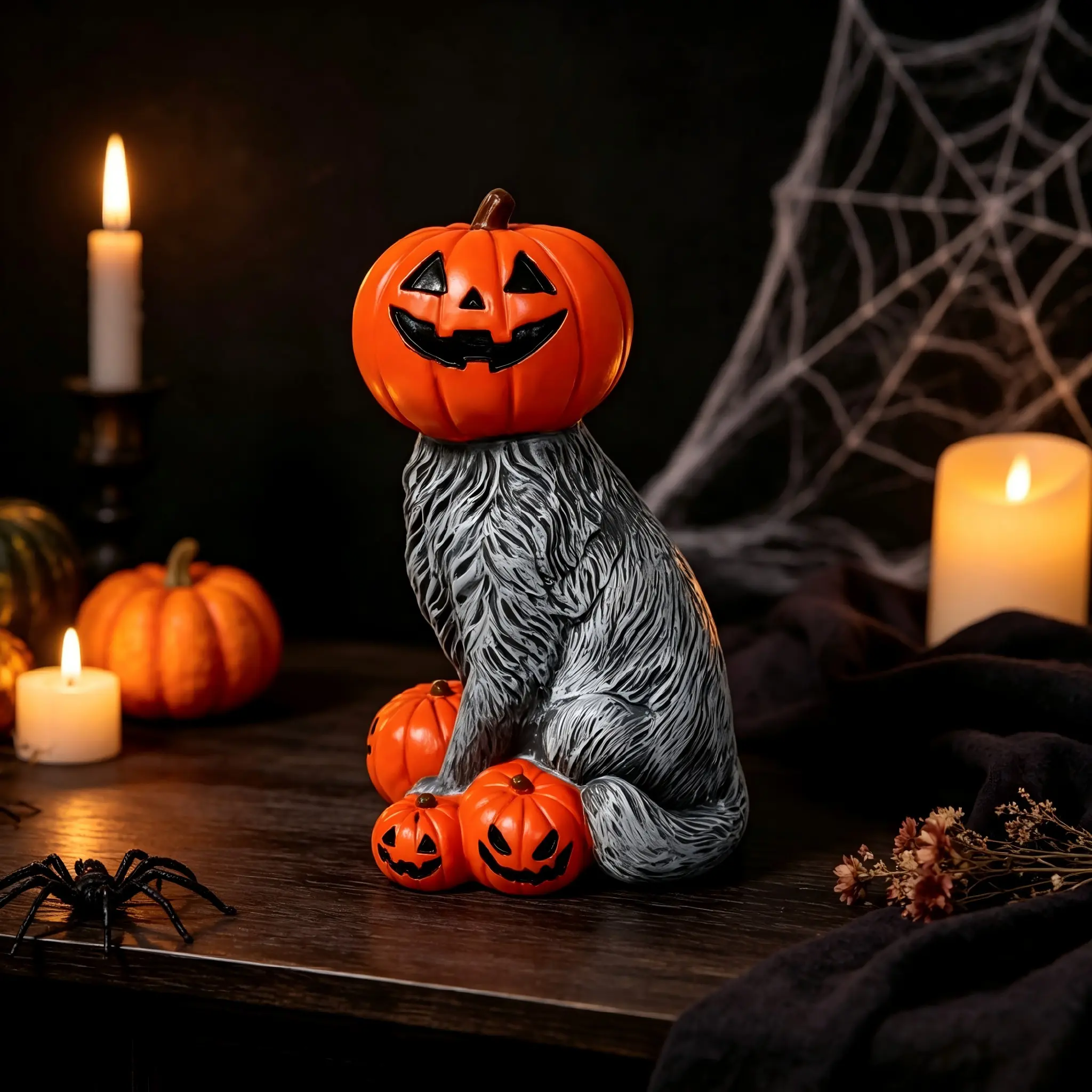 Halloween Pumpkin Cat Ornament, Resin Cat Statue, Desktop Decor, Suitable for Living Room, Study, Party, Holiday Decoration