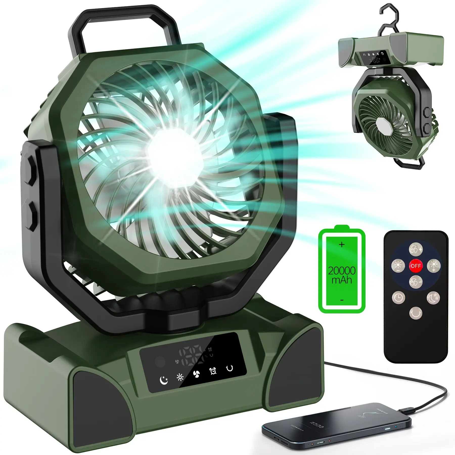 20000mAh Cordless Camping Fan with Dual Motor, Battery Powered Fan with 1 LED Lanterns, 5 Speed Desk Fan with Remote Control, Portable Outdoor Fan with Hook for Tent, Power Outage, Construction Site