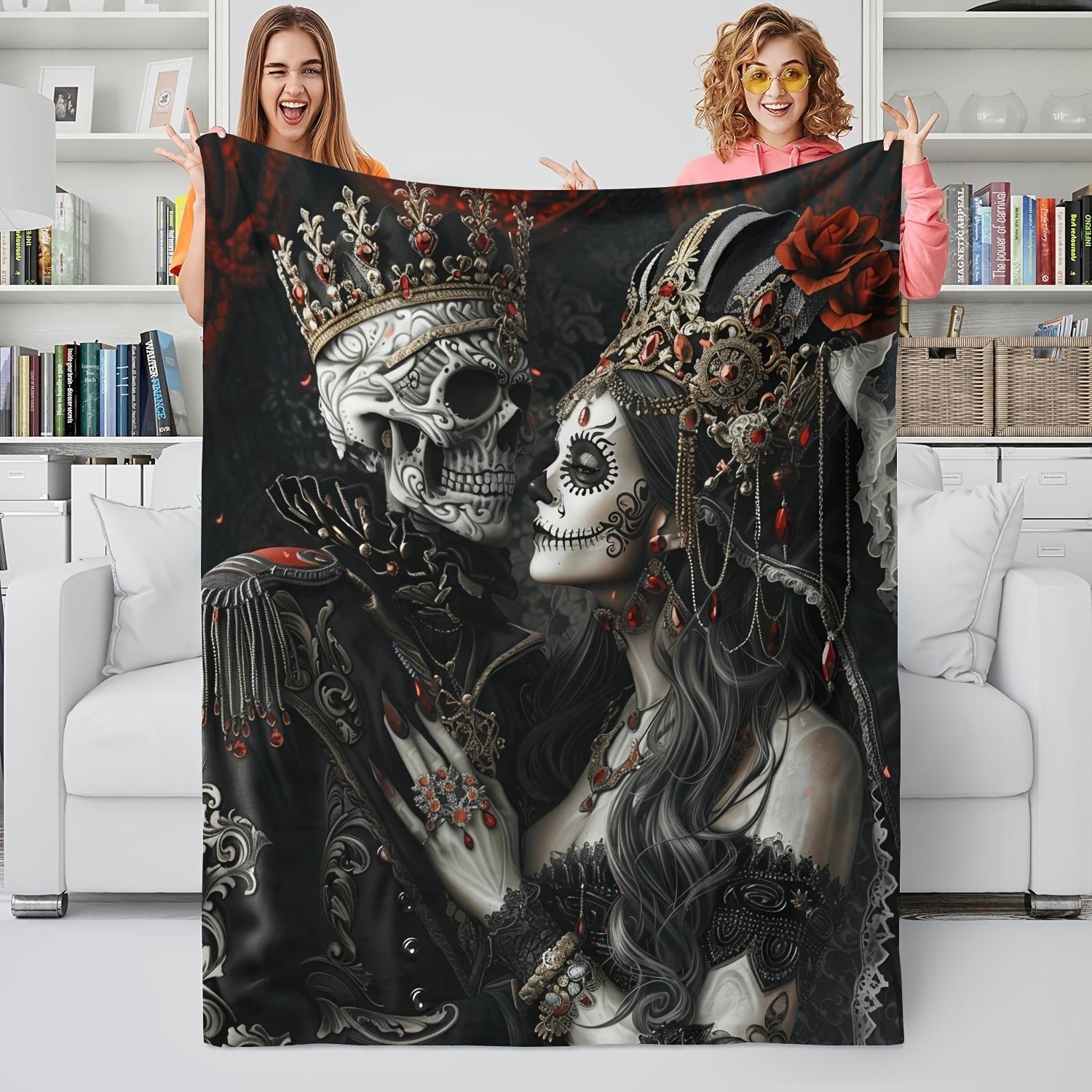 1pc Husband Gifts Blanket For Wife Skull Couple Printed Soft Blanket Flannel Blanket Warm Skin-friendly Office Nap Throw Blanket, Sofa Bed Blanket For Halloween