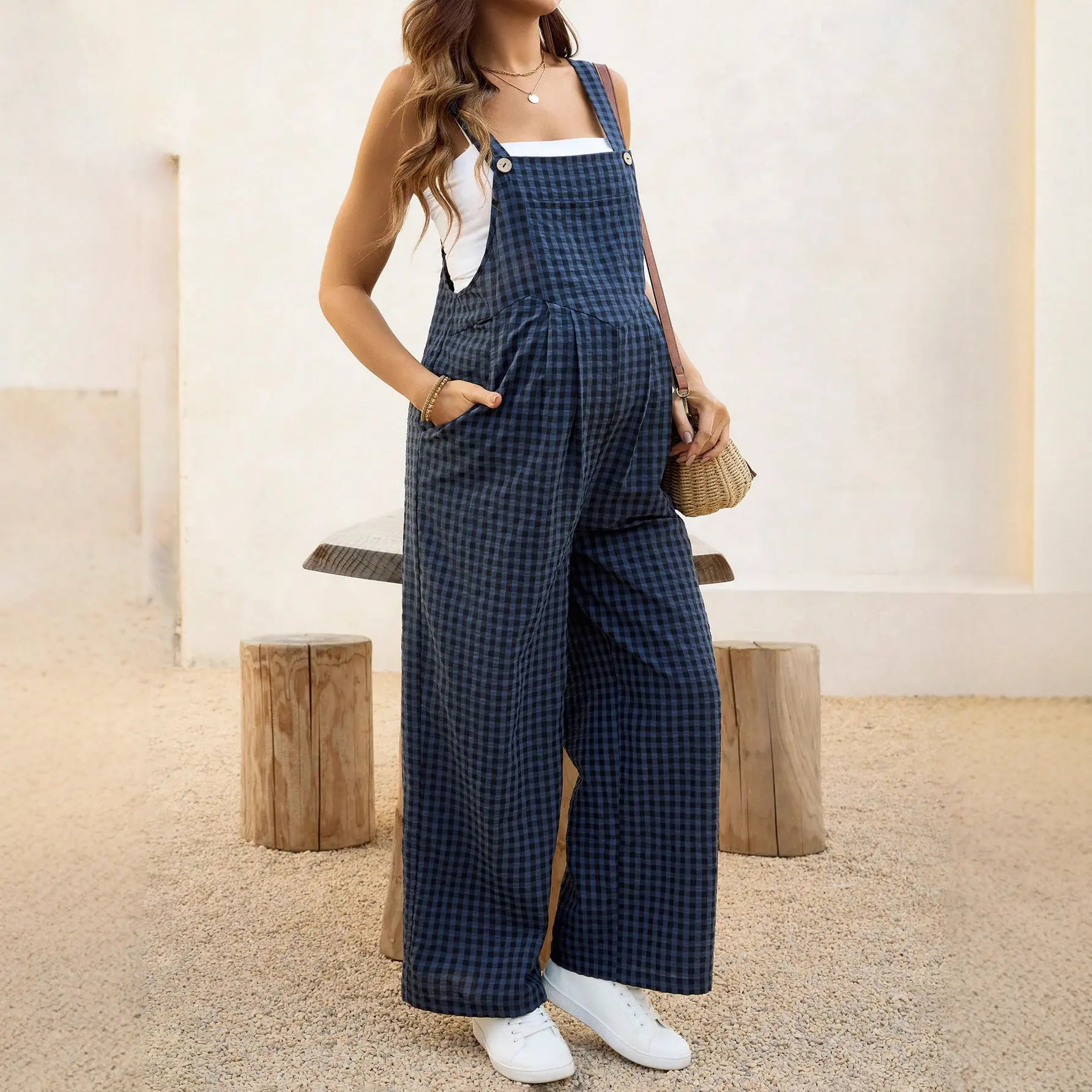 Women's Maternity Summer Casual Checked Jumpsuit - Loose-Fitting Comfy Dungarees, Essential Maternity Fashion Wear affordable summeressentials outfit Striped Sleeveless Romper Short Sleeve Nursing Gown apparel