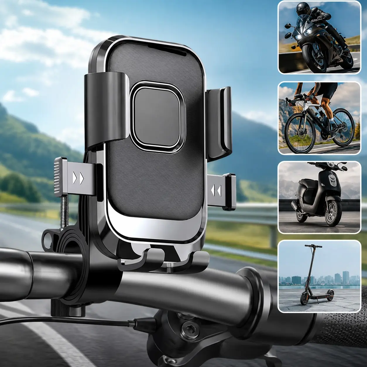 Motorcycle Phone Holder Automatic Lock, Bicycle Handlebar Mount, 360 Degree Rotating Smartphone Stand, Suitable for Mountain Bikes and Electric Scooters