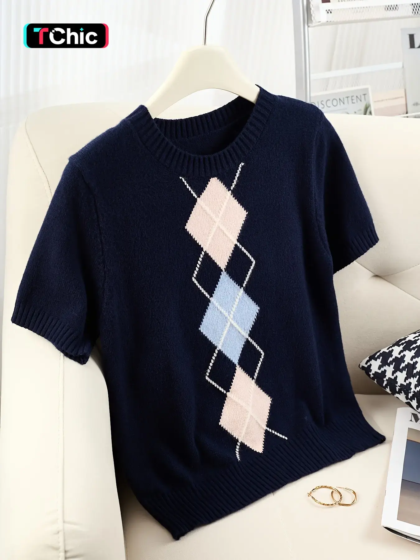 Women's Argyle Round Neck Slim Fit Knit Short Sleeve Top, Casual College Style T-Shirt, Perfect for Daily Commute Wear