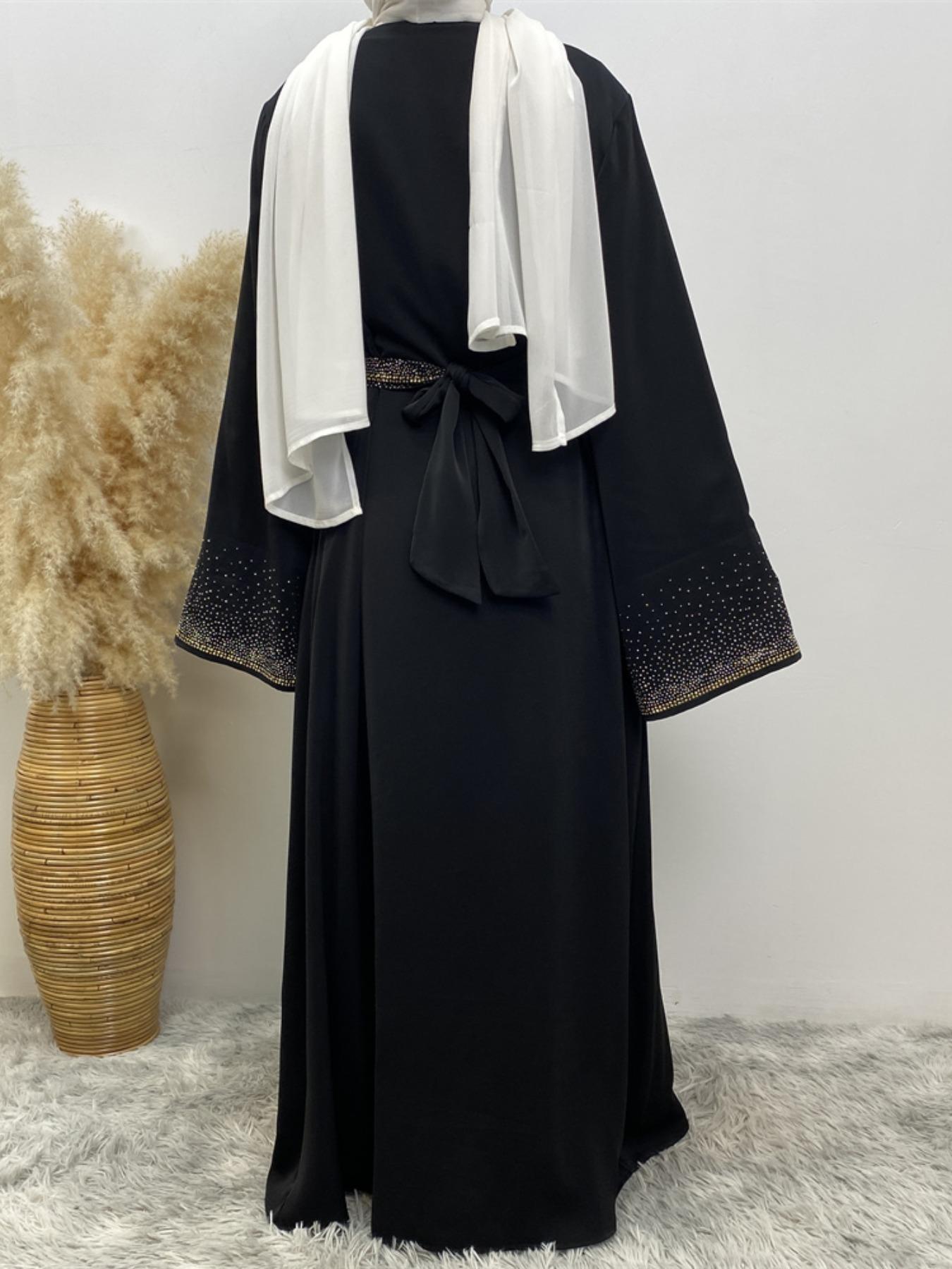 Women's Glitter Rhinestone Embellished Belted, Long Sleeve Open Front Abayas for Eid, Women's Islamic Clothing for Spring & Fall