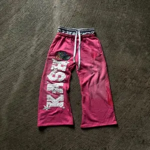 Shiyi Trading Pink Double Layer Sweatpants Y2K Mens Womens Gothic Hip Hop Letter Patch Retro Baggy Pants Casual Elastic Waist Jogging Pants Menswear Trouser(Sheets)