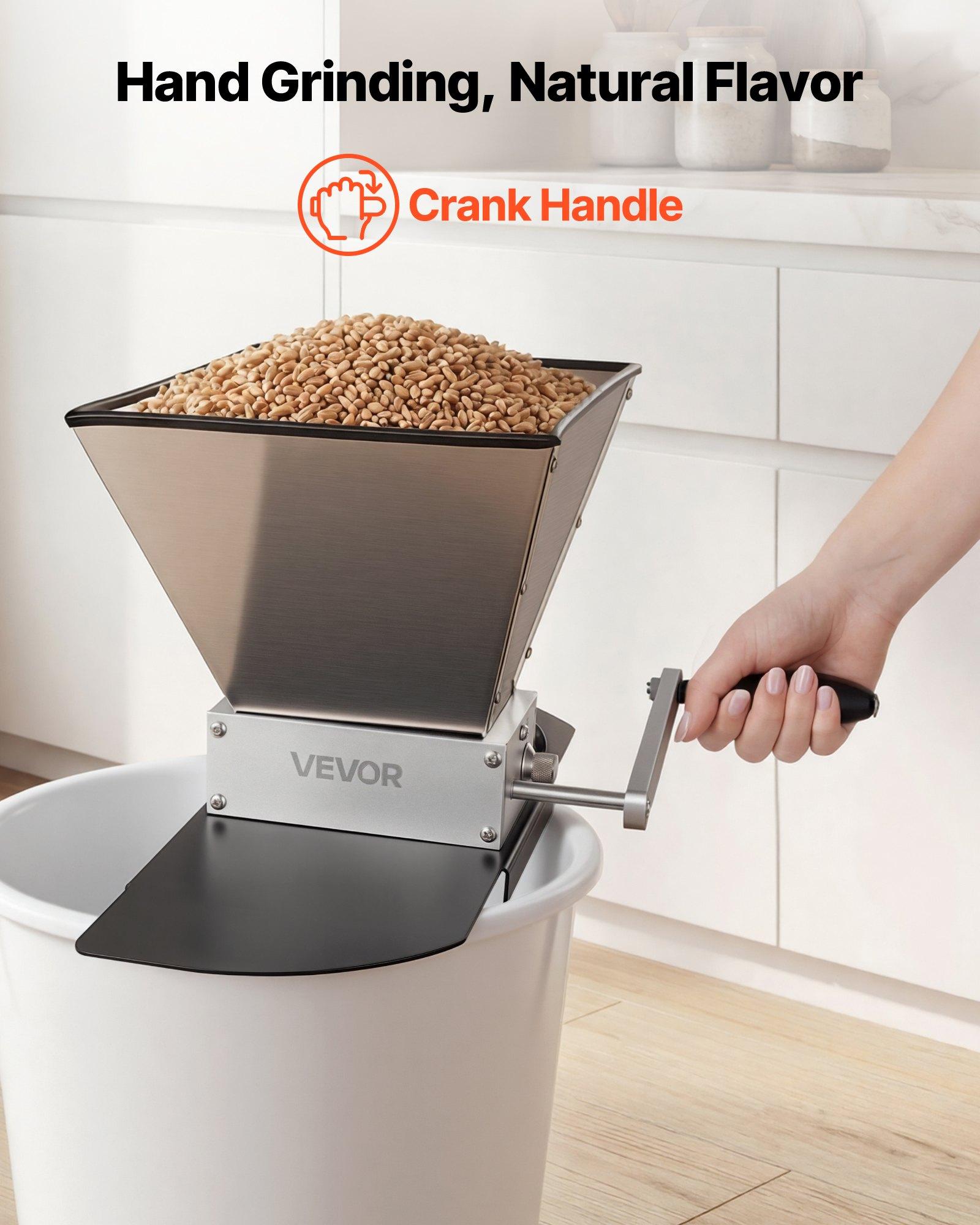 VEVOR Manual Grain Mill, Homebrew Malt Grinder, Adjustable Barley Mill Crusher for Wheat Beer Brewing - with 2 Stainless Steel Rollers, 1.06 Gallon Hopper & Metal Base Plate