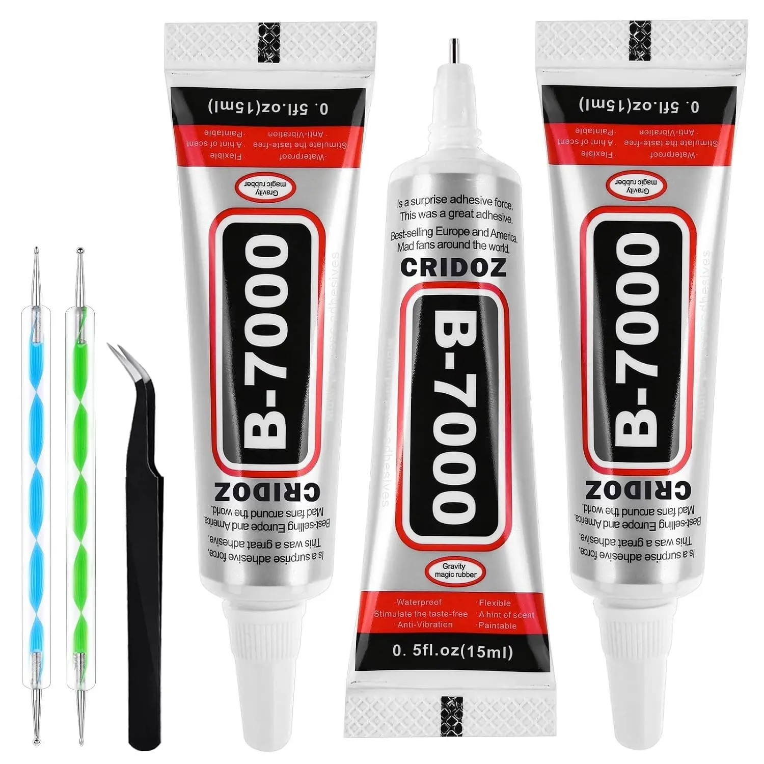 B7000 Rhinestone Glue for Jewelry Making, Clear Craft Glue with Precision Tips Dotting Pens for Metal, Stone, Nail Art, Beading, Wood, Glass - 0.5 fl oz, 3 Packs