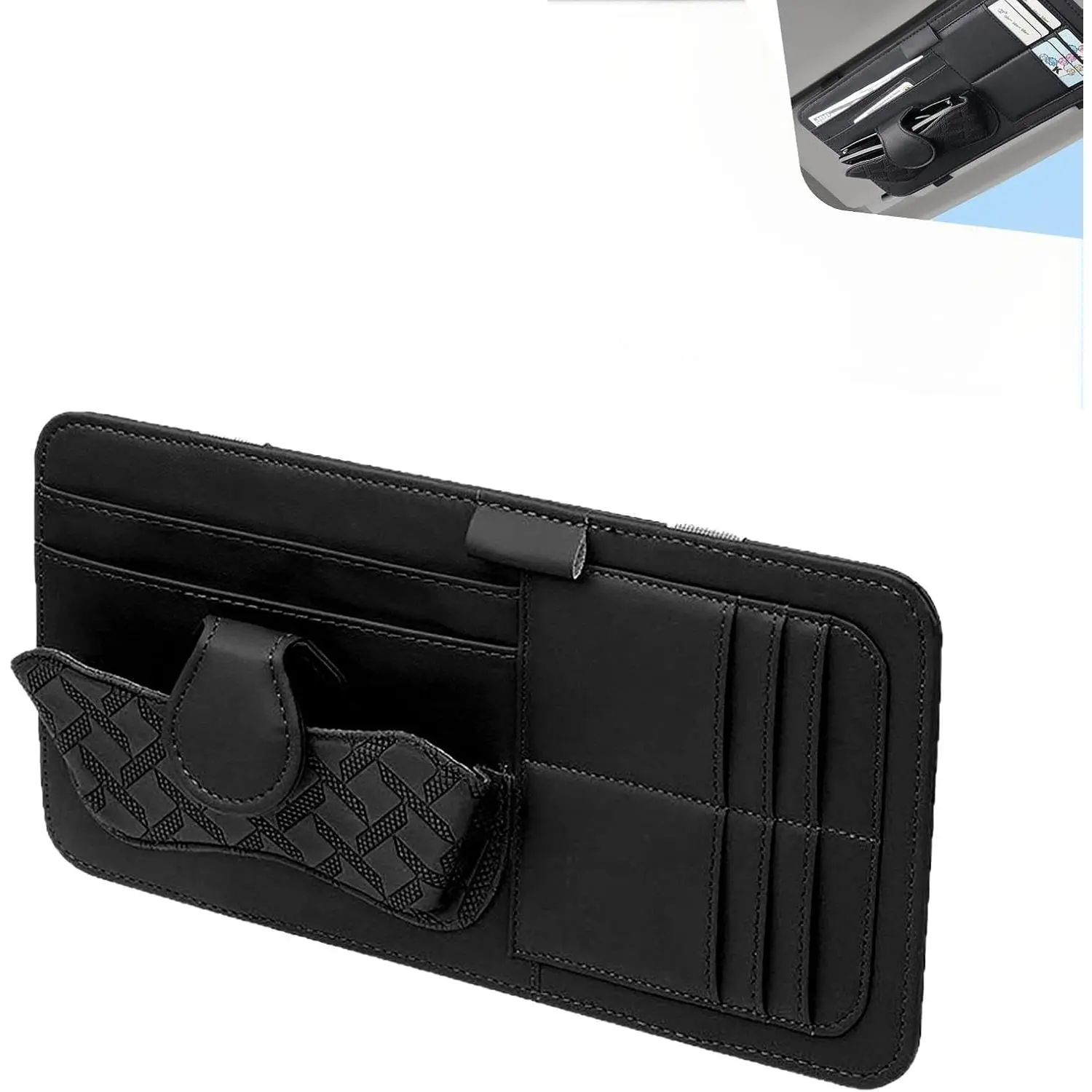 Sun Visor Organizer, Multi-Pocket Visor Storage Pouch for Sunglasses, Cards, Pens, Document,  Leather Auto Interior Organization Accessories,  for   (Black)