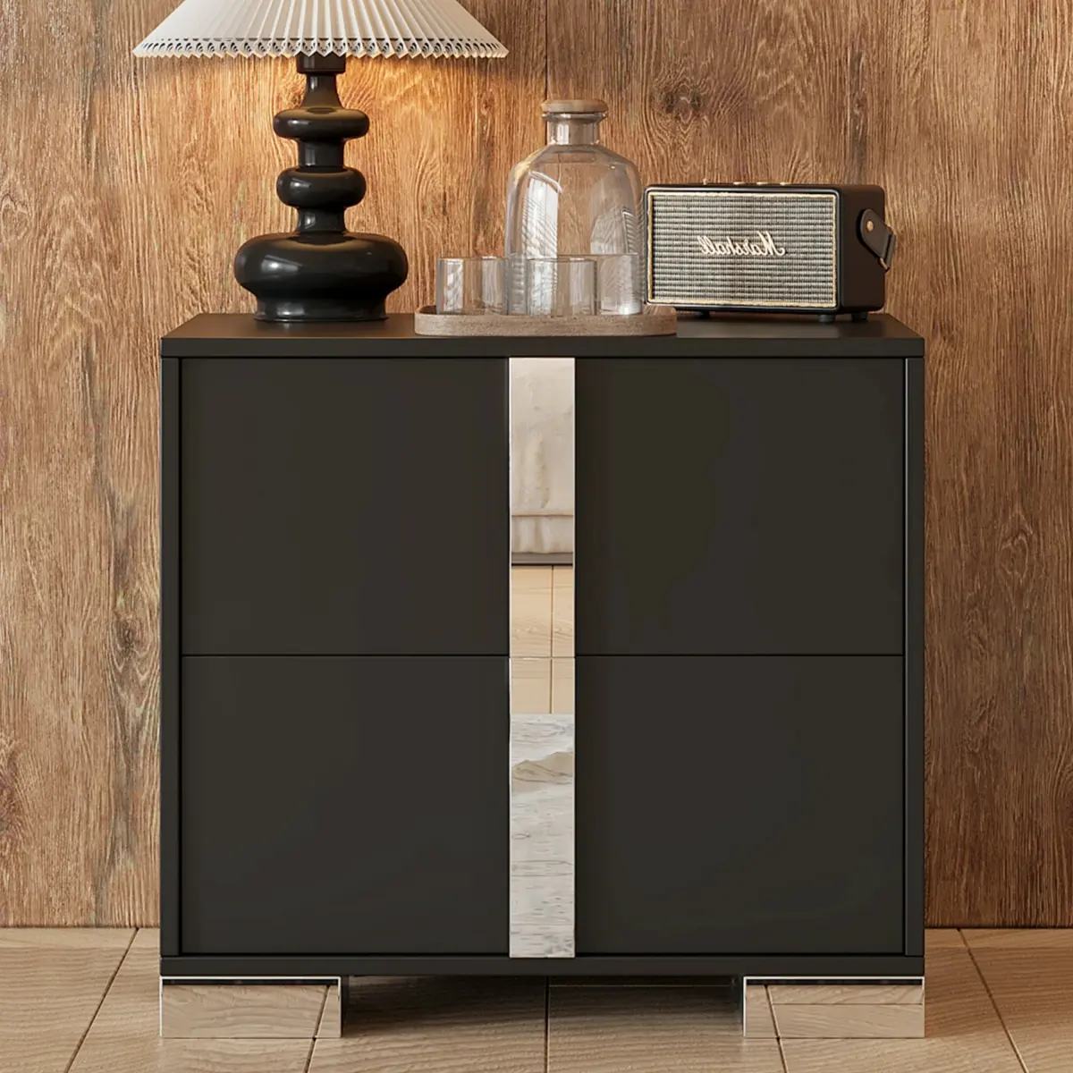 Elegant Nightstand with Metal Foot, Mirrored Bedside Table with 2 Drawers for Bedroom, Living Room, with Metal Legs