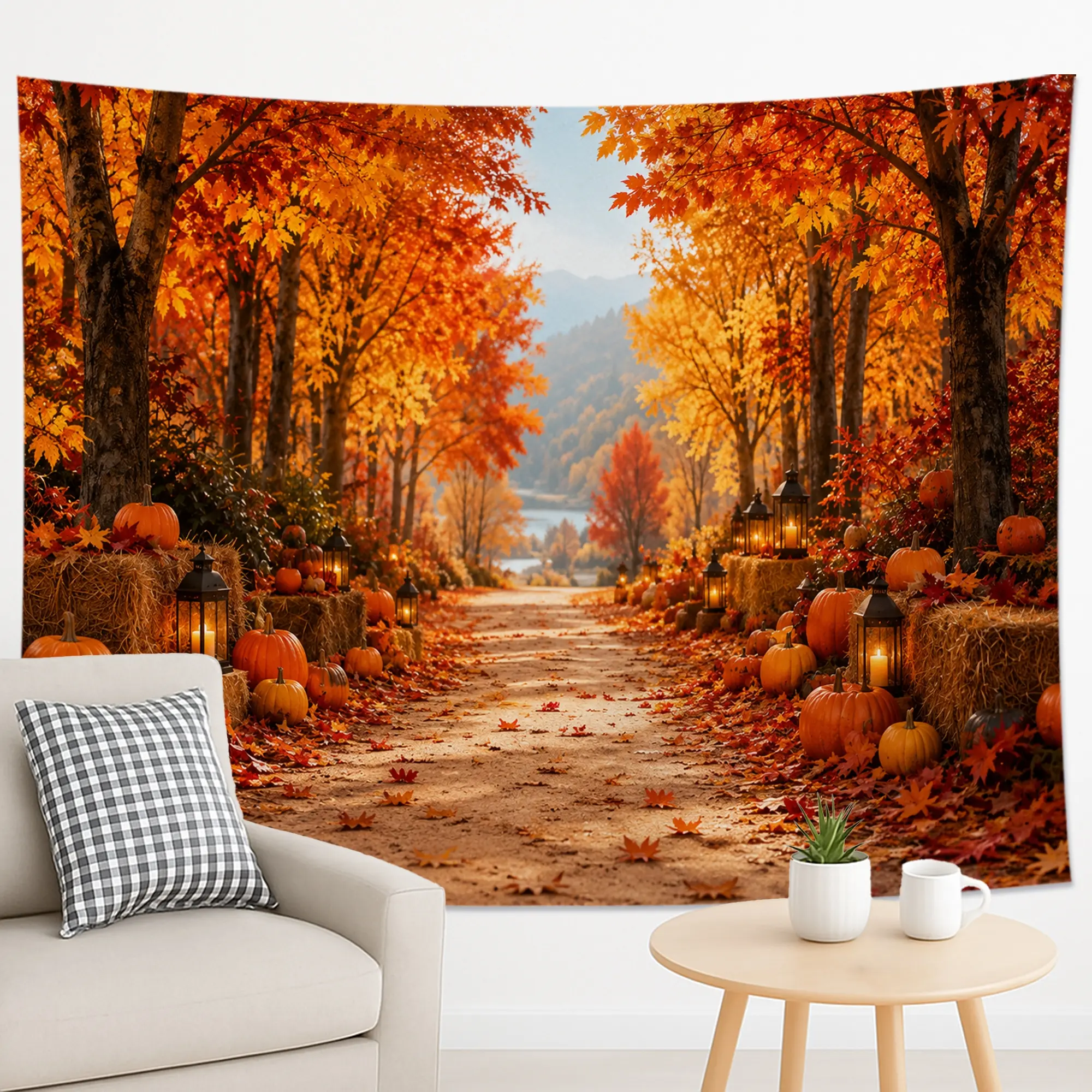 1PC Fall Maple Leaf Lantern Path Tapestry, Healing Sunset Wooden Fence Pumpkin Print, Romantic Warm Wall Decor for Living Room Bedroom Dorm.
