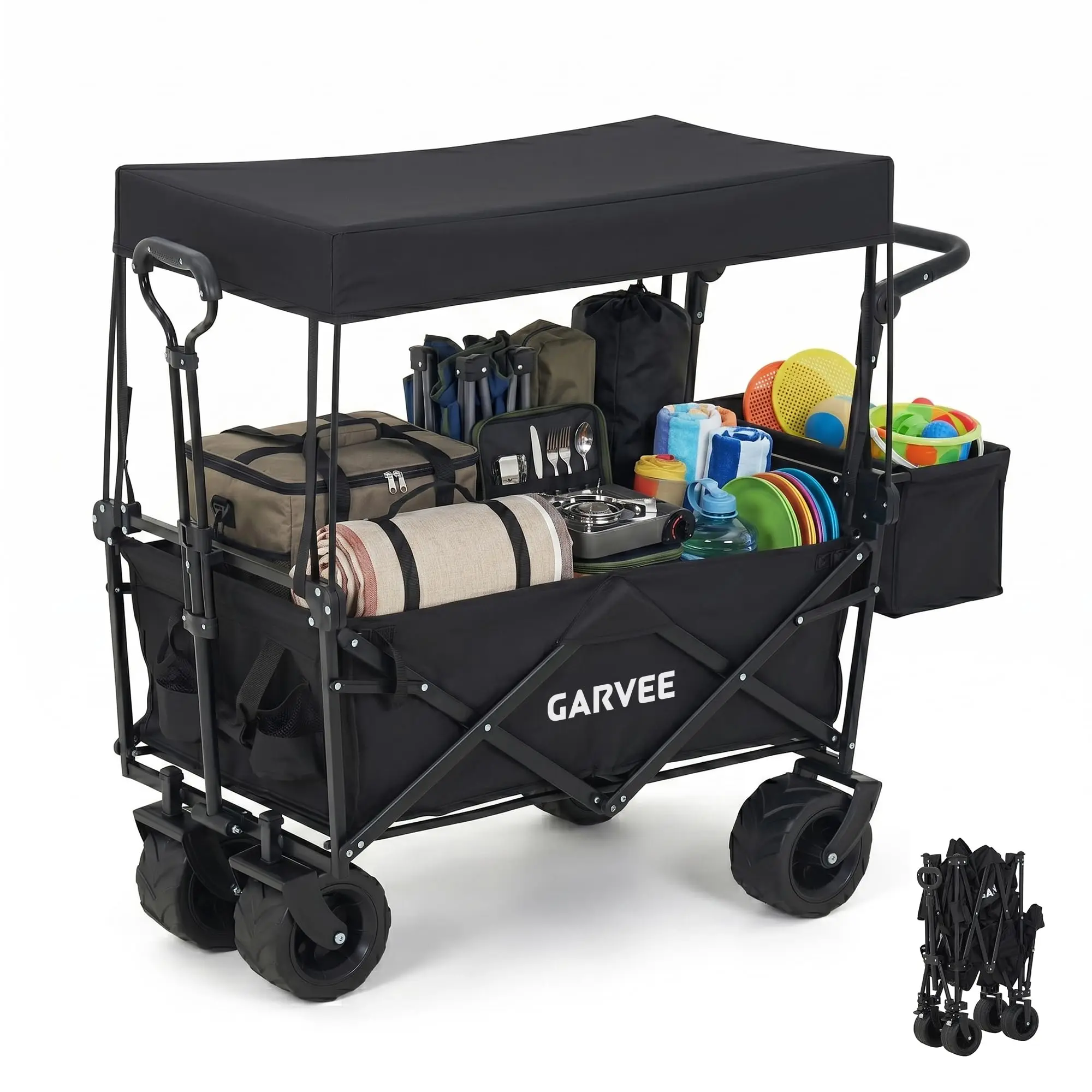 Folding Utility Wagon with Removable Canopy - All-Terrain Quiet PU Wheels - Adjustable Handle, Detachable Pockets & Compact Storage