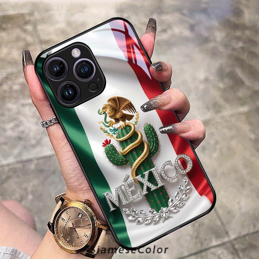 Exquisite 2D Pattern Mexican Flag Diamond Badge Glass Phone Case, Suitable for iPhone 17 16, 15, 14, 13, 12, 11 Plus Pro Max