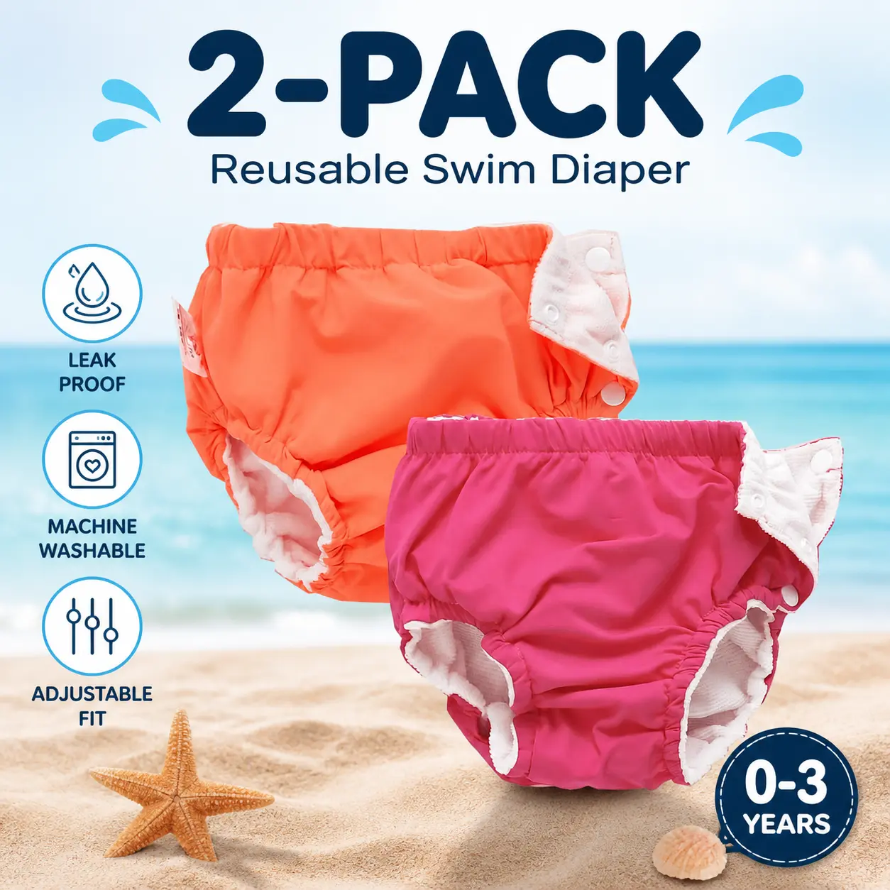 2-Pack Reusable Swim Diaper, Adjustable Washable Cloth Bottoms with Cartoon Print & Elastic Waistband for Boys Girls, Ages 0-3 Years, Reusable Pants, Two-Pack