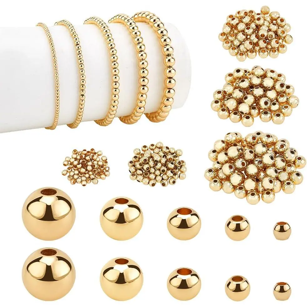 14K Plated Seamless Round Brass Spacer Beads - 300 Count, 5 Sizes (2/3/4/5/6mm) Smooth Metal Beads for DIY Crafts, Bracelet & Necklace Crafting