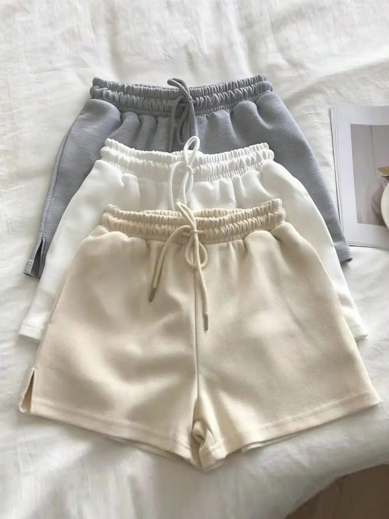Women's 3-Piece Set, Slim Fit Loose Casual Solid Adjustable Drawstring Waist Shorts Bottoms, Casual Fashionable Shorts, Ideal for Daily Wear, Home, Dates, Spring Summer Fashion