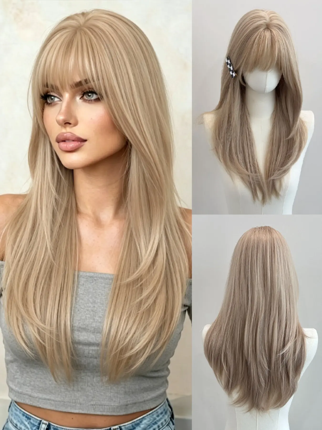 24-inch Platinum Blonde Layered Wig with Wispy Bangs, matte heat-resistant fiber, breathable rose net cap, fluffy & silky with rich layers, heat-resistant fiber wig, perfect for daily/work/party/chic, a must-have fashion wig