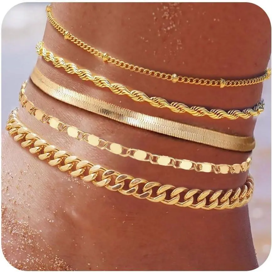Plus Sizes Gold Ankle Bracelets for Women Big Ankles, Adjustable Ankle 14K Real Gold Plated Cuban Link Chain Figaro Snake Herringbone Extra Large Anklet Bracelets,Summer Beach Foot Jewelry 10-12inch