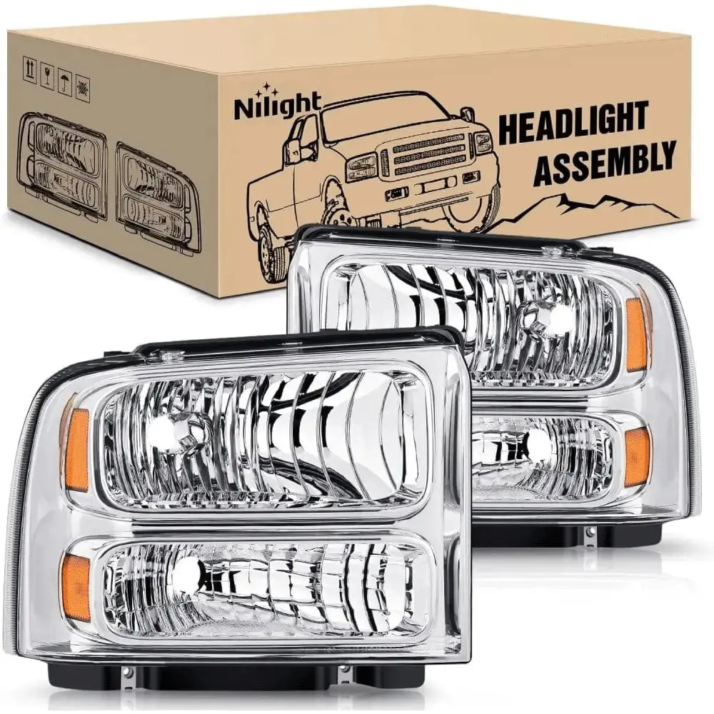 Nilight Aftermarket Headlights Bases Set Pair for 2005-2007 Ford F250-F550 Super Duty, Chrome Case, Amber Reflector, Anti-Fogging, IP65 Waterproof, Night Drive Optimized, Easy Install Plug-N-Play, UV Resistant