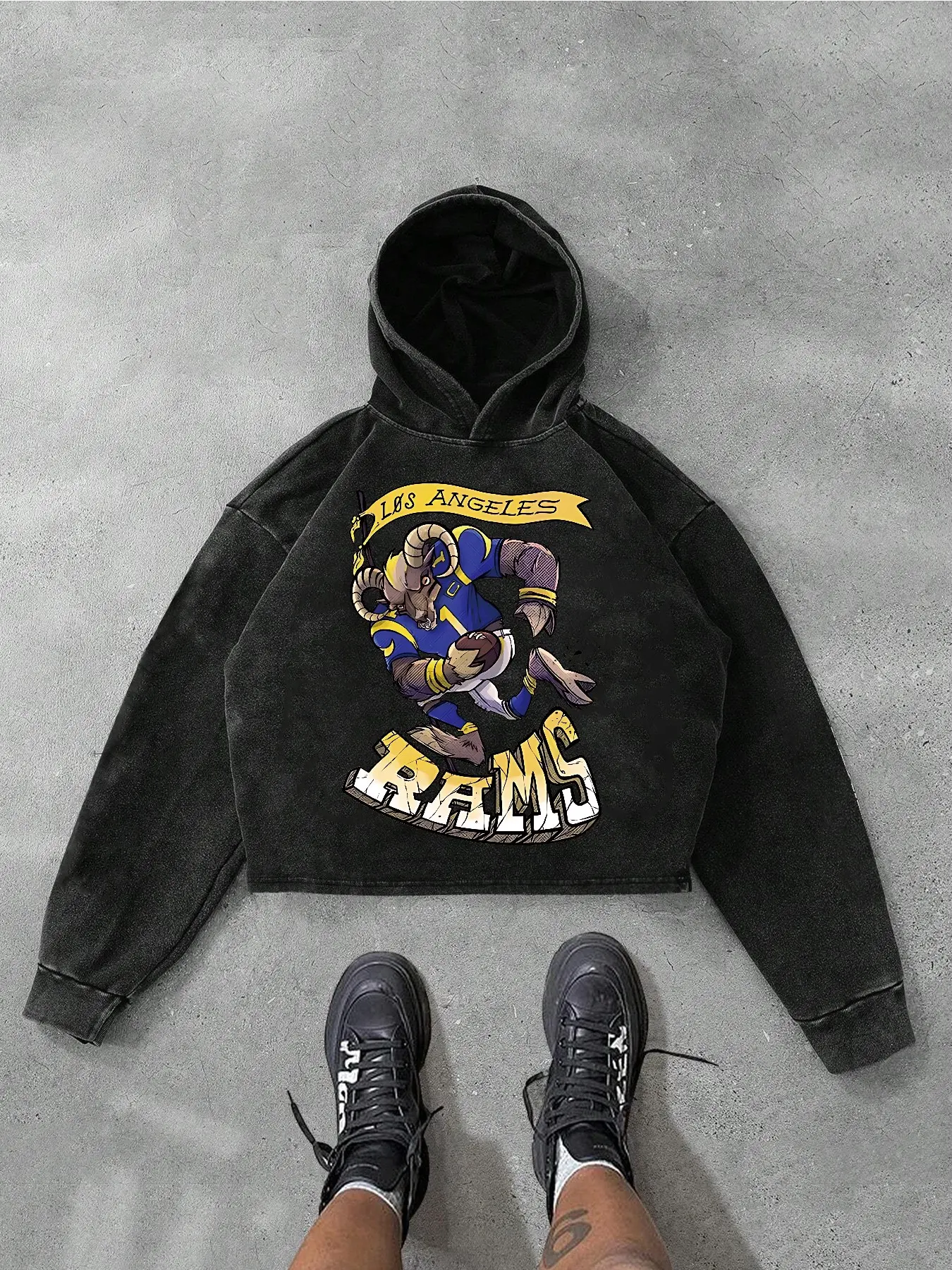 Super Bowl Los Angeles Rams Print Men's Washed Cotton Hoodie, Comfortable Casual Style, Soft Fabric, Perfect for Daily Wear, Layering
