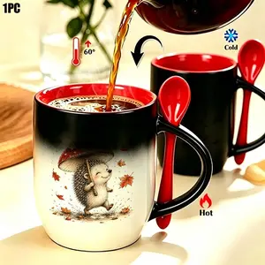 Vintage Color Changing Coffee Mug, Autumn Hedgehog Holding Mushroom - Heat Sensitive Magic Discoloration Cup with Matching Red Spoon, Ideal Holiday Gift for Friends And Family