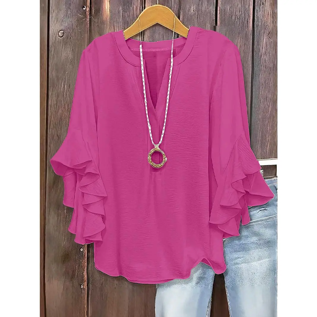 Women's Minimalist Basic Polyester Blouse - Split V-Notch Neck, 3/4 Bell Sleeves, Tiered Ruffles, Textured Fabric, Loose Fit, Lightweight - Casual Office Daily Wear Tops, Party, Women's Clothes, Cute Tops For Women