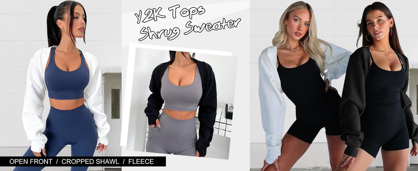 Women's Bolero Shrug Long Sleeve Cropped Sweatshirt with Thumb Hole Open Front Y2K Style Casual Korean Fashion Spring Workout Top