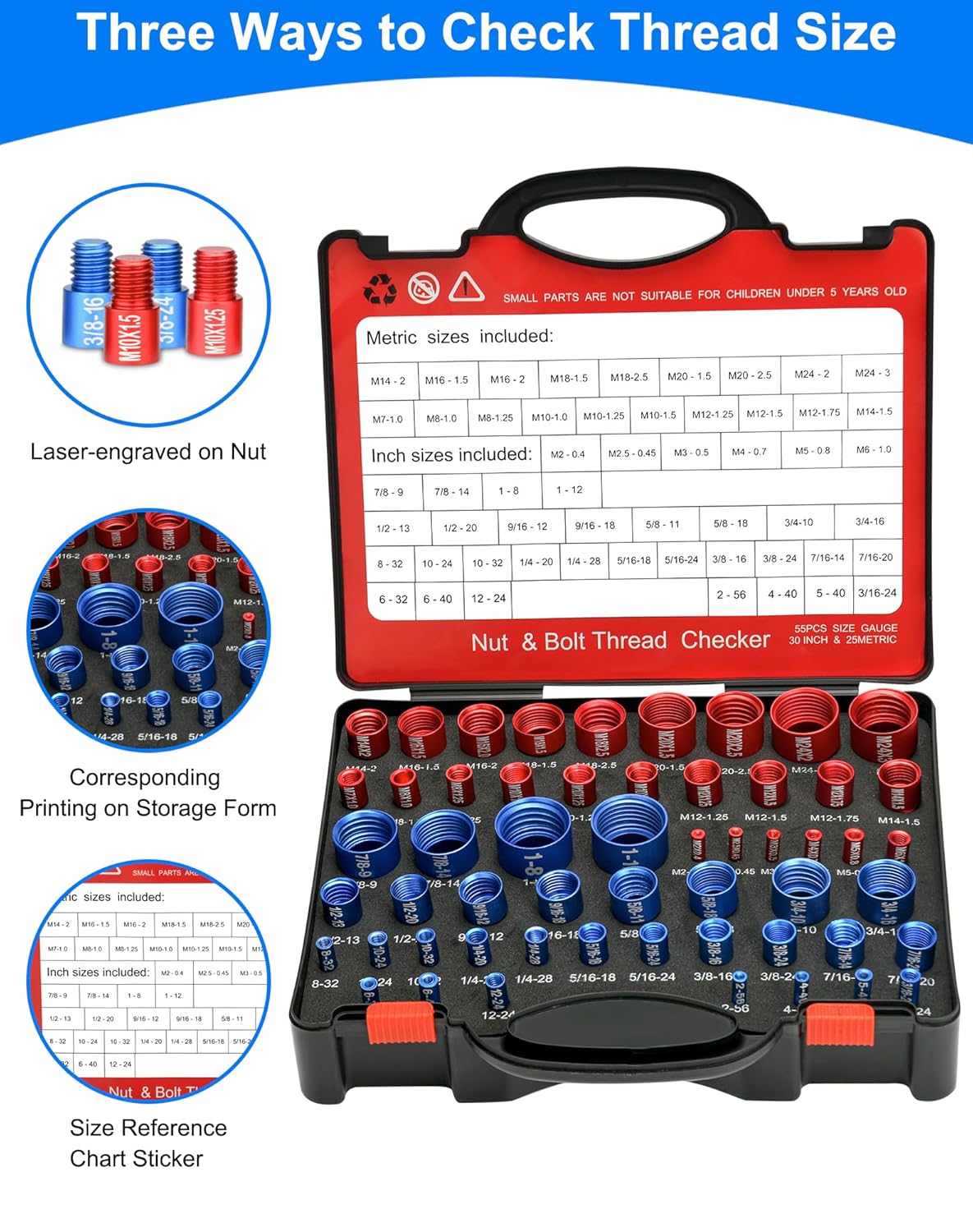 55 count Thread Checker, Nut and Bolt Measuring Tool(25 Metric & 30 Standard), Bolt Size and Thread Gauge Finder with Storage Box, Suitable for inspecting in Narrow and Tricky Areas