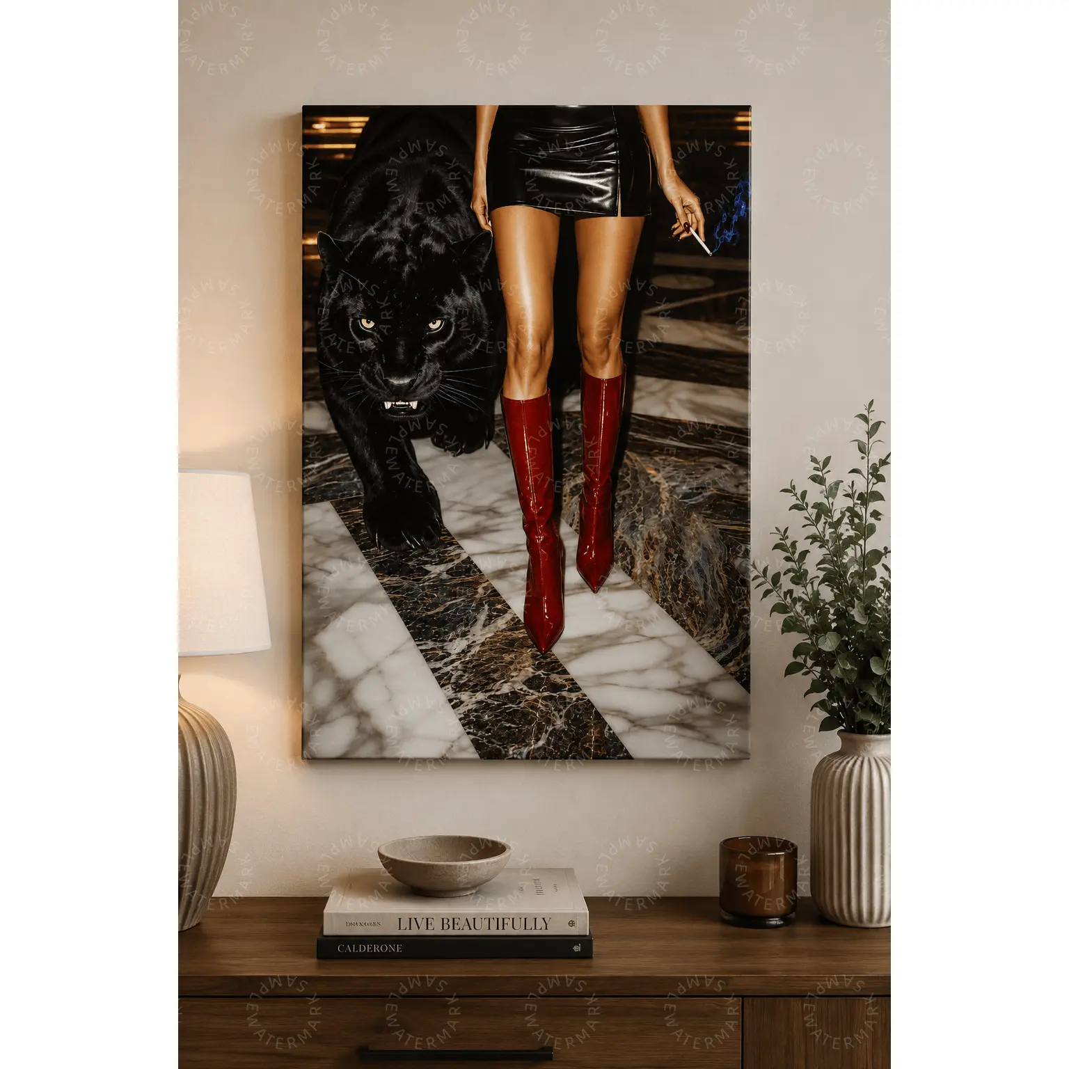 Black Panther and Red Boots Wall Art, Dark Feminine Fashion Aesthetic Poster, Glam Luxury Canvas Print, Bold Bedroom Wall Decor, Living Room Art, Beauty Room Decor, Fashion Lover Gift