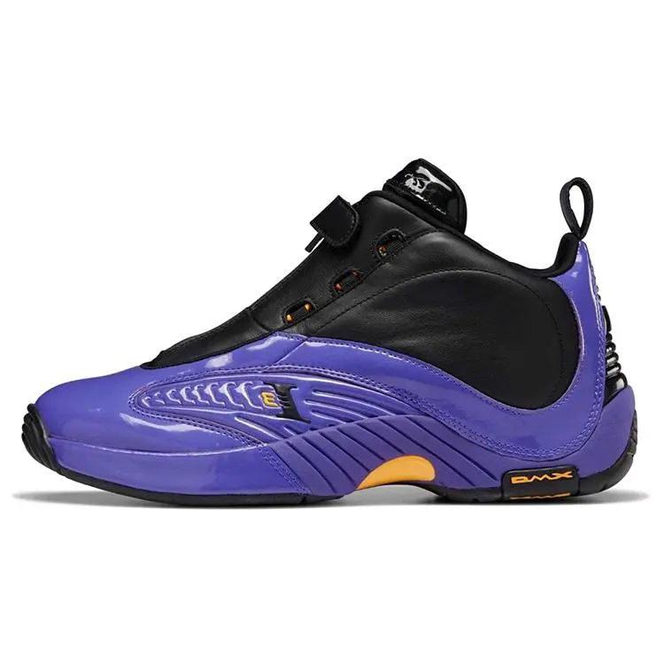 Reebok Answer Lakers Men’s Retro Basketball Shoes in Black and Purple with Patent Leather, Full-Grain Leather, and TPU Verifiable, with credentials and supporting global authentication