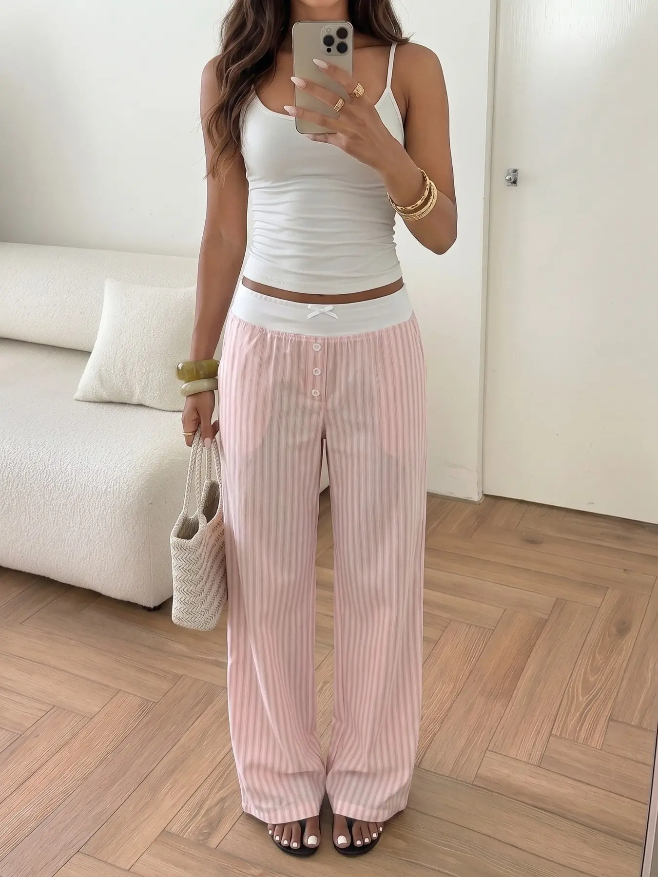 Women Pink White Vertical Stripe Wide‑Leg Pajama Pants, Contrast White Waistband With Bow Decor Loose Straight Sleep Trousers, Soft Lightweight Casual Loungewear Bottoms, High Waist Relaxed Fit Pajama Bottom For Sleep Home Relaxing, Pjs
