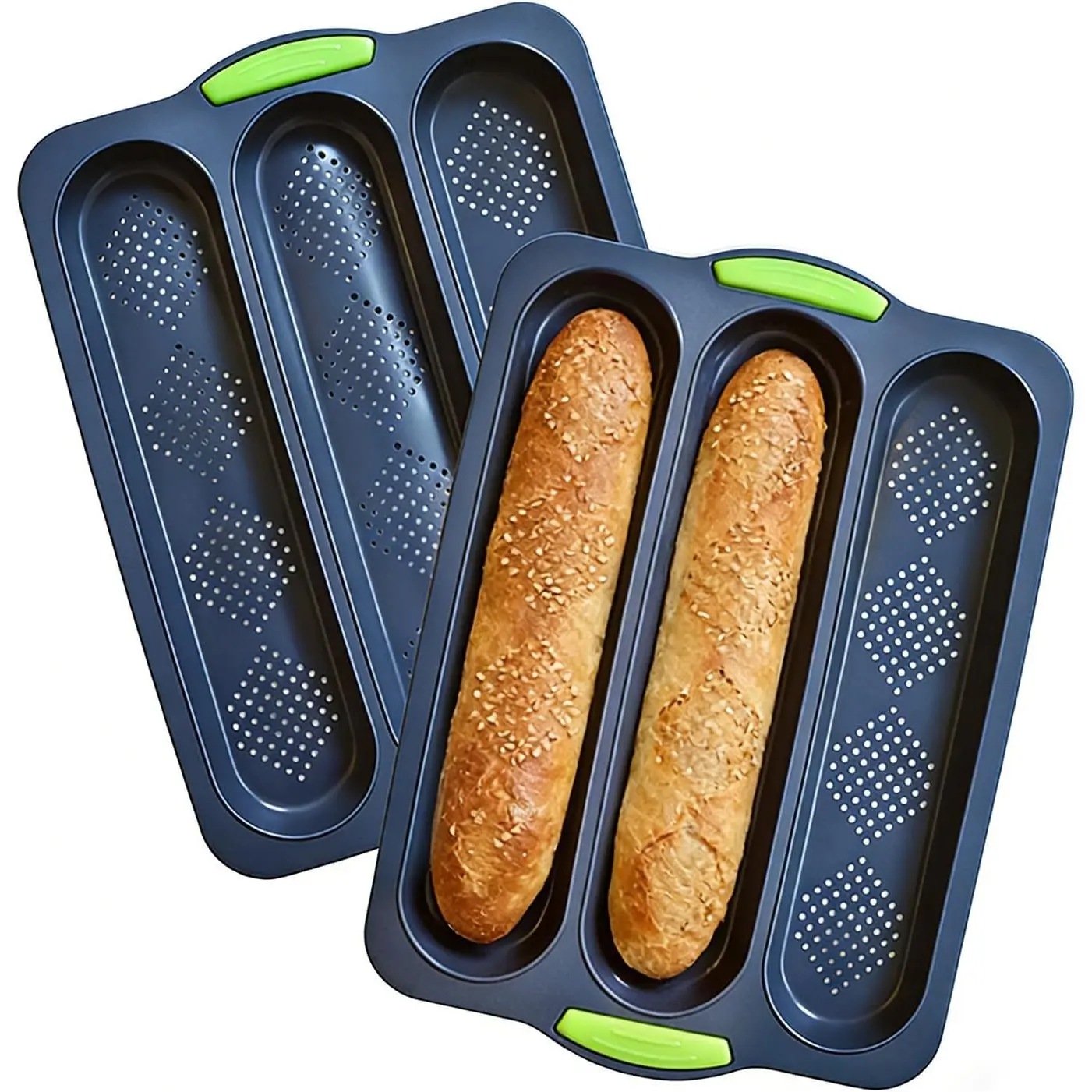 2 count  Bread Loaf Pan, Non-Stick Baguette Bread Pan, 3-Cavity  Grade  Baking Mold for Homemade Bread,  Baguette, Sandwich Rolls