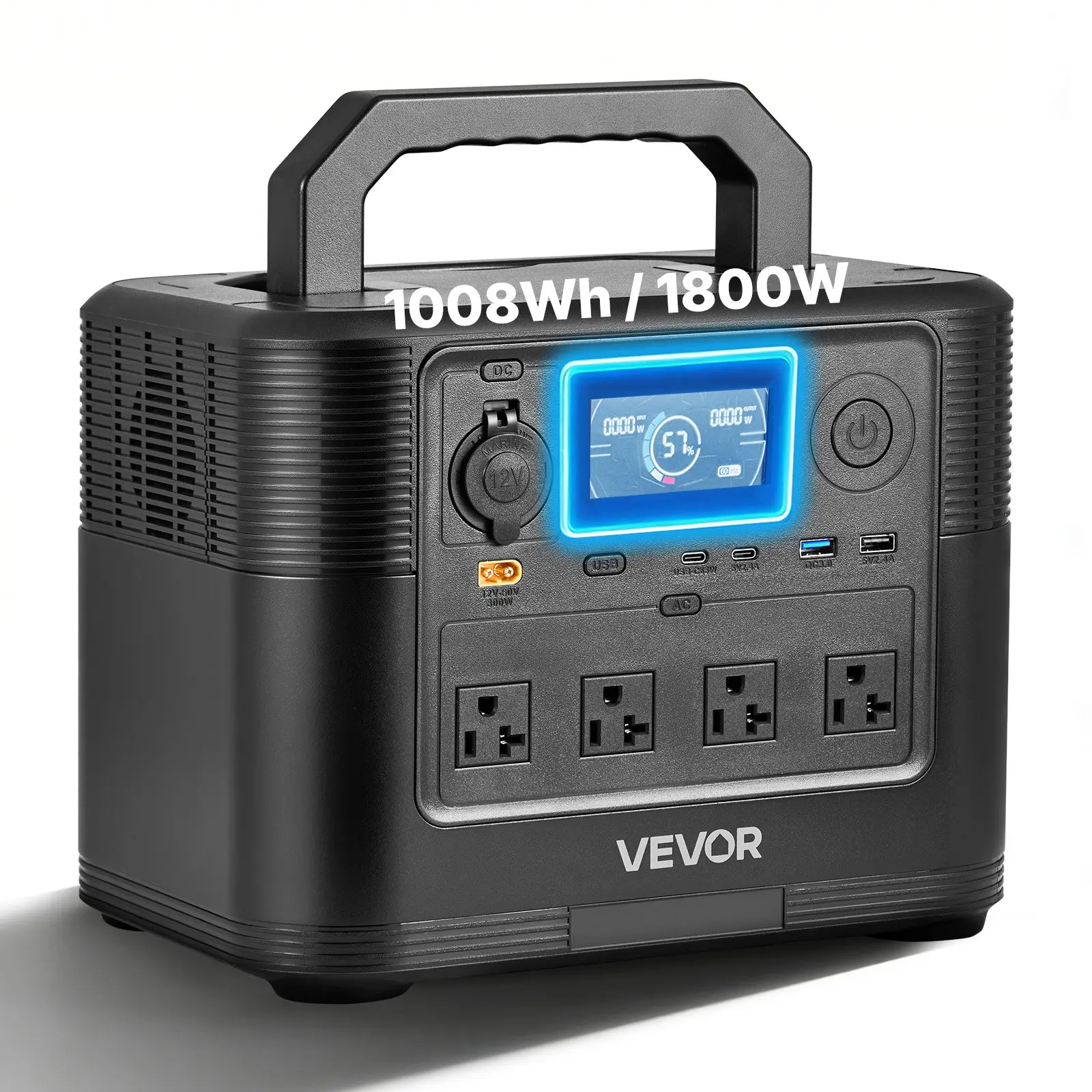 VEVOR Compact Portable Power Station with Carry Handle, 1800W Solar Generator, 1008Wh LiFePO4 Backup Power, 9 Output Ports for Home Emergency, Outdoor Camping (Solar Panel NOT Included)