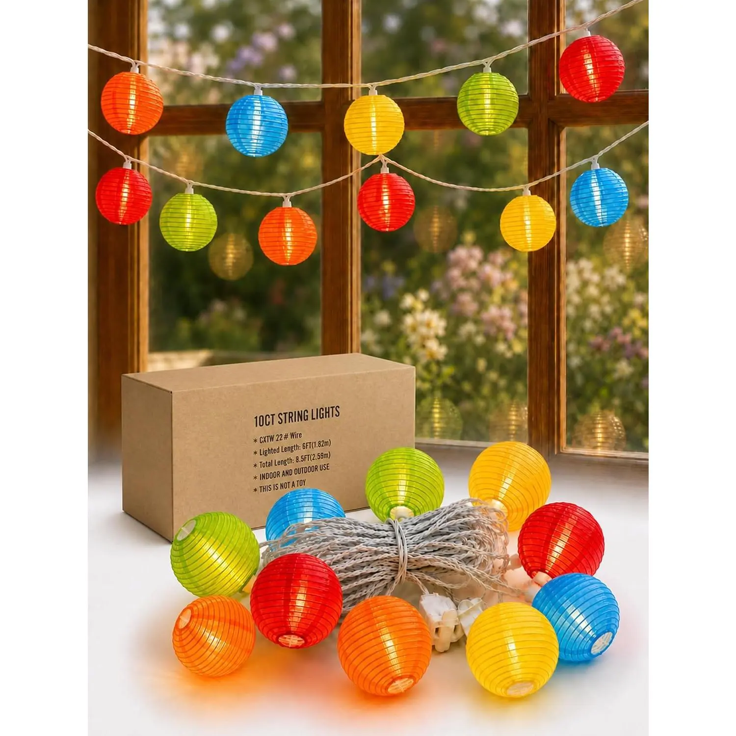 8.5Ft Multicolor Lantern String Lights, Summer  String Lights with 10 Colorful Lanterns, Nylon Lights for Indoor Outdoor Party Decor, White Wire