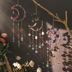 moon & butterfly & flower design dream catcher, artificial crystal hanging decoration, sun catcher for home garden window living room bedroom