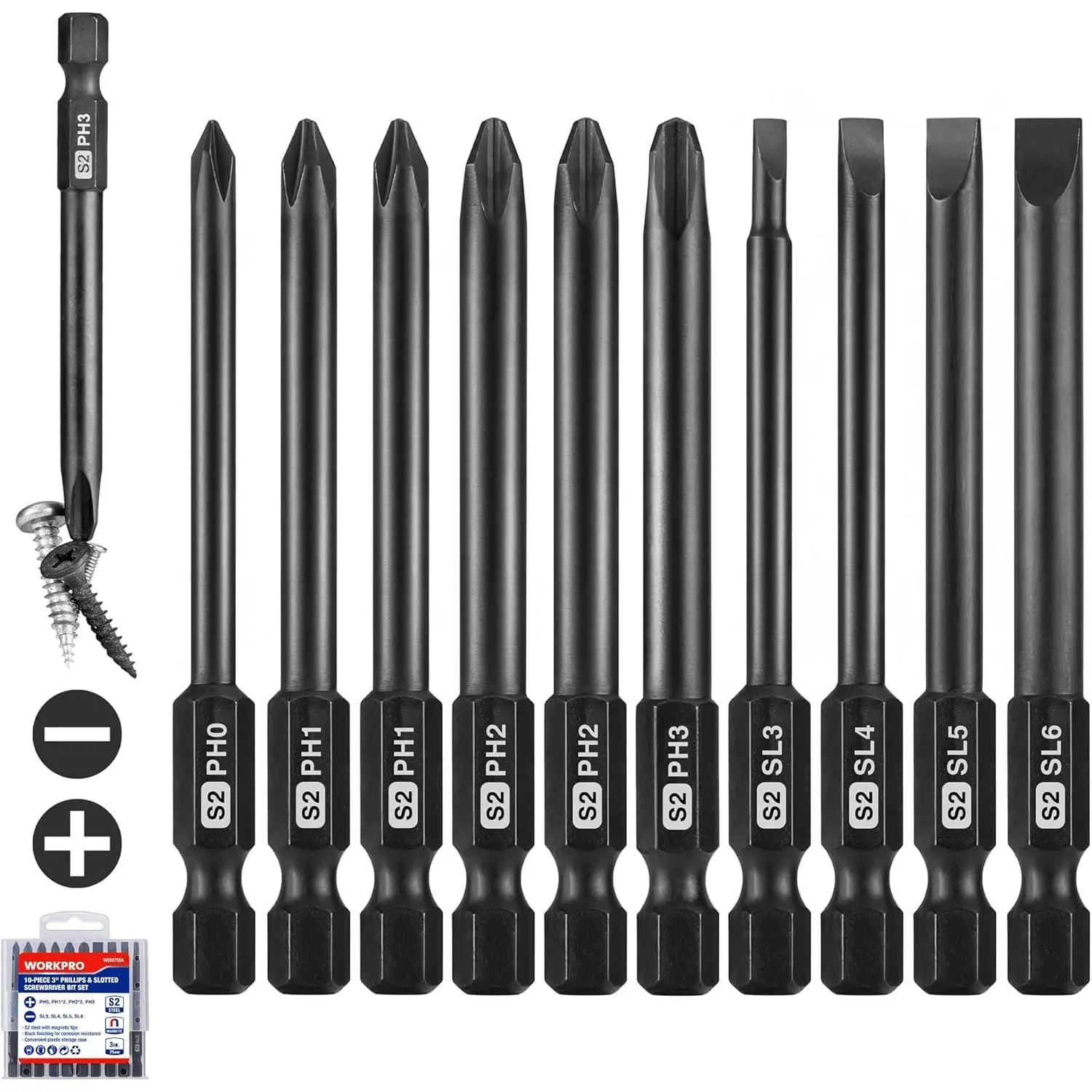 10pcs Slotted Screwdriver Bit Set, S2 Screwdriver Bits Set, CNC Machined Tips, 1/4 Inch Hex Shank Driver Bits, 3 Inch Long Screwdriver Bits Set with Box
