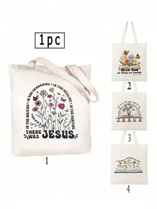 Christian Canvas Handbag, Large Capacity Bible Print Bag, Floral Jesus Design, Soft Inspirational Gift, Laptop Backpack, Holiday Storage Bag