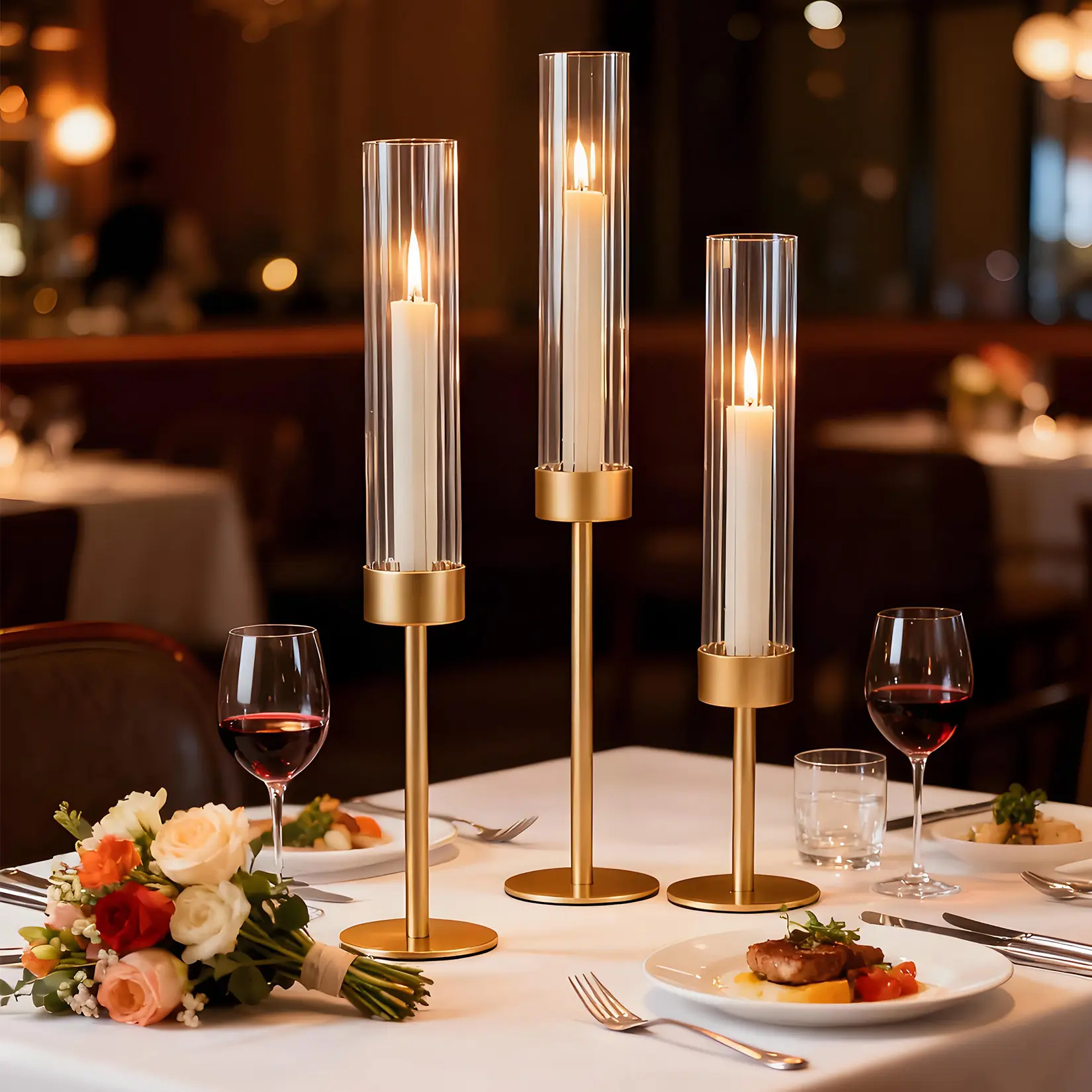 Gold Hurricane Candle Holders Set of 3/6, Taper Candlestick Holders with Ribbed Glass Cylinder Sleeves, Elegant Table Centerpiece for Wedding, Birthday, Christmas, Home Decor