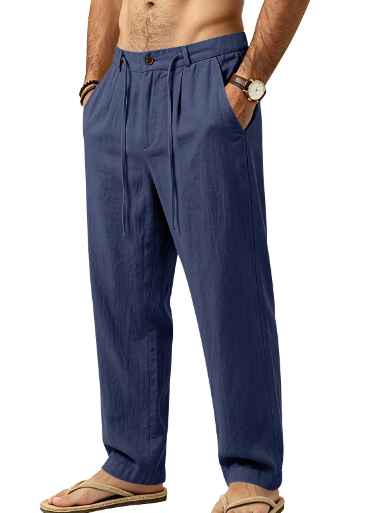 Men's Loose Fit Linen Pants, Casual Drawstring Design, Straight Leg Long Trousers, All-Season Fashion, Comfortable and Versatile