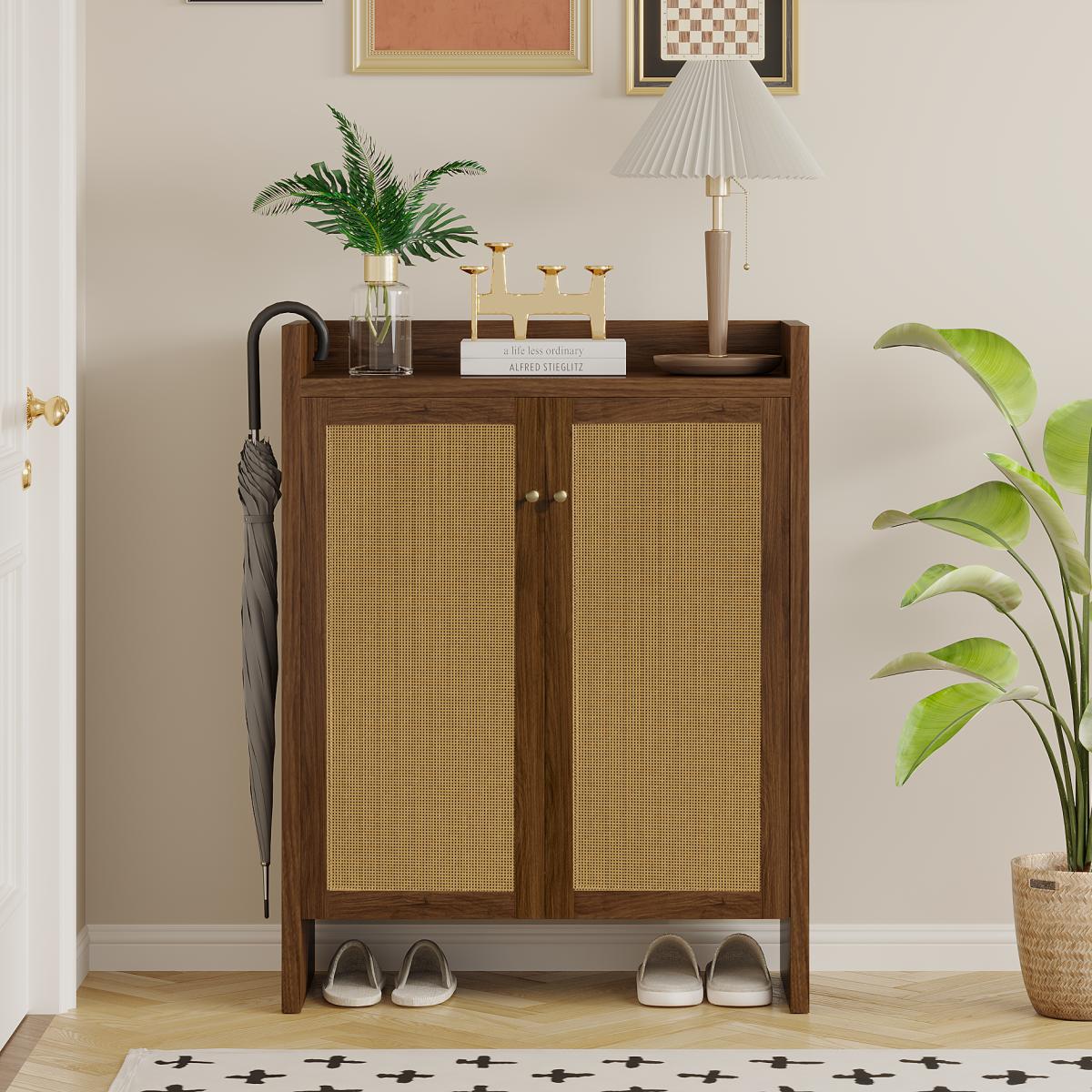 42.5" Tall Rattan Shoe Cabinet with Doors, 6-Tier Shoe Storage Cabinet with Adjustable Shelves, Wooden Freestanding Shoe Organizer Shoe Cabinet for Entryway,Hallway,Living Room (Walnut)