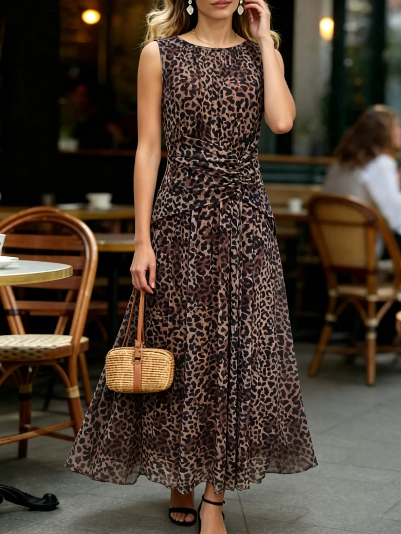 Elegant Chic Leopard Print Lightweight Breathable Mesh Dress, Round Neck Waist Cinch Gown, Tie Belt A-Line Sleeveless Long Dress, Party Wear, Wedding Guest Attire, Wedding Guest Dresses, Summer Wedding Guest Dresses
