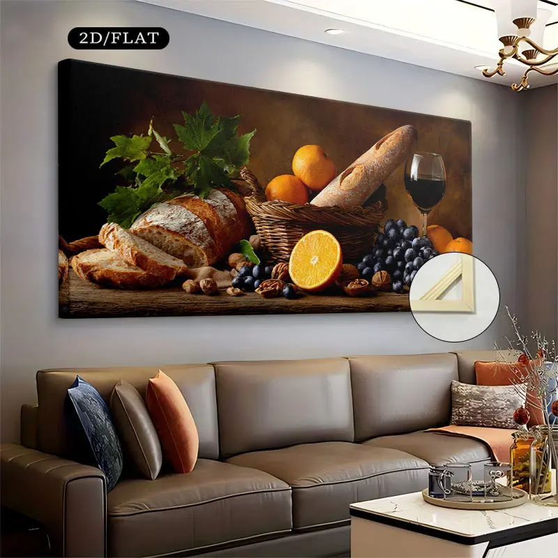 2D painting, 1 framed modern art piece, size 19.68inch x 39.37inch or 50cm x 100cm, is perfect for decorating the living room and bedroom.This high-quality still life painting features country bread, fruit, and wine