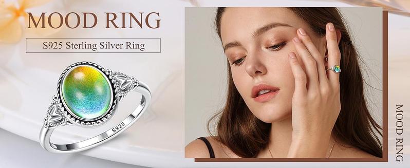 Exquisite 925 Sterling Silver Mood Rings Moonstone for Women Vintage Handmade Victorian Rings Oval Solitaire Ring 18K White Gold Plated Color Change Mood Rings Trendy Womens Jewelry