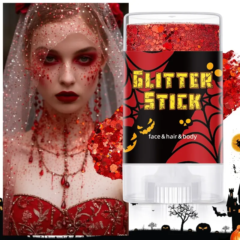 Halloween Red Chunky Glitter Stick, Portable Face Hair Body Sequins Glitter Cream, Long Lasting Sparkling Cosmetic Glitter Stick for Festival Costume Halloween Party Makeup