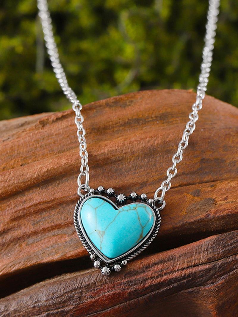 Boho Style Heart Shaped Turquoise Texture Pendant Necklace, Mother's Day Gift, Personality Jewelry for Party, Daily Clothing Decor, Trendy All-match & Exquisite Jewelry for Birthday Gift, Chains Necklace