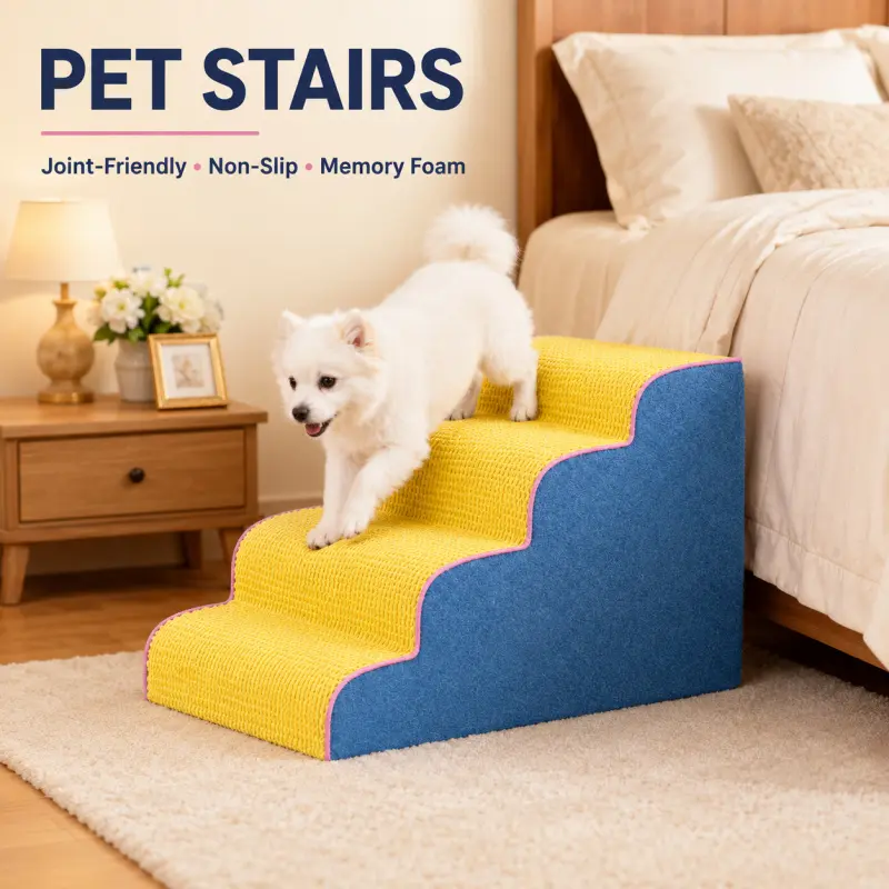 4-Tier Pet Stairs for High Beds and Sofas, Foldable Portable Dog Steps, Orthopedic Memory Foam Joint Care Ramp with Washable Anti-Slip Cover, Vibrant Yellow & Blue Style for Senior Dogs, Puppies, Kittens, Home