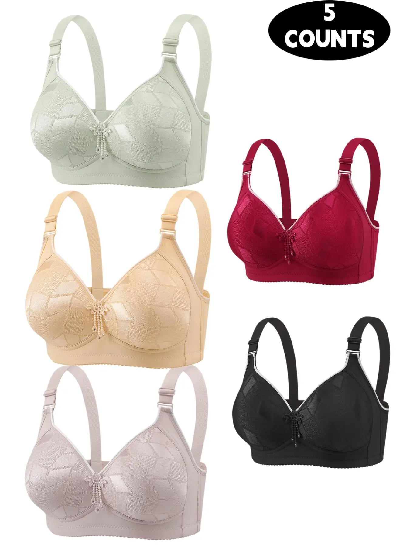 5-Pack Wireless Push-Up Bras, Seamless Comfort Fit, Daily Wear Underwear, Breathable Soft Fabric, Full Coverage Max Support