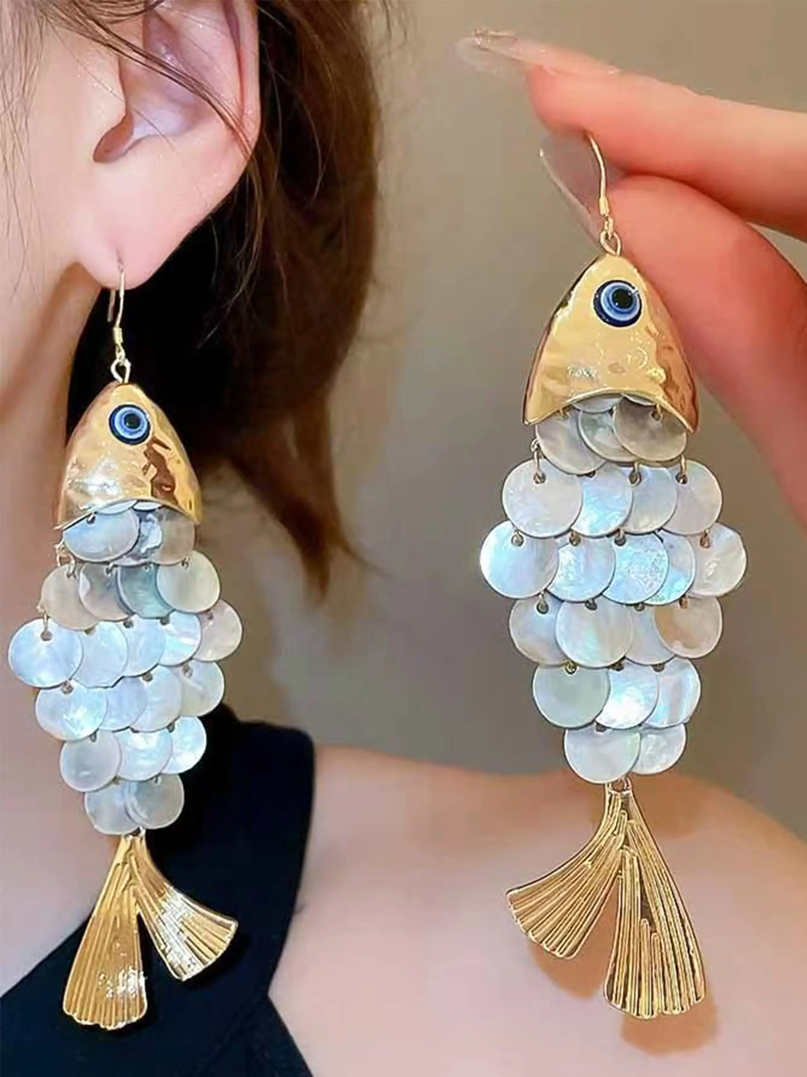 Creative Fish Shell Fringe Earrings, Elegant and Unique Accessory, Perfect for Beach Vacation Style, Pair of Trendy Jewelry, Beachy Earrings