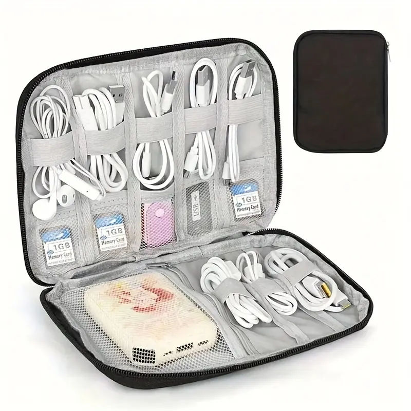 1 travel data cable storage bag, multi-pocket electronic accessory box, storage for cables, chargers, and memory cards, portable tech storage bag, essential for office and travel